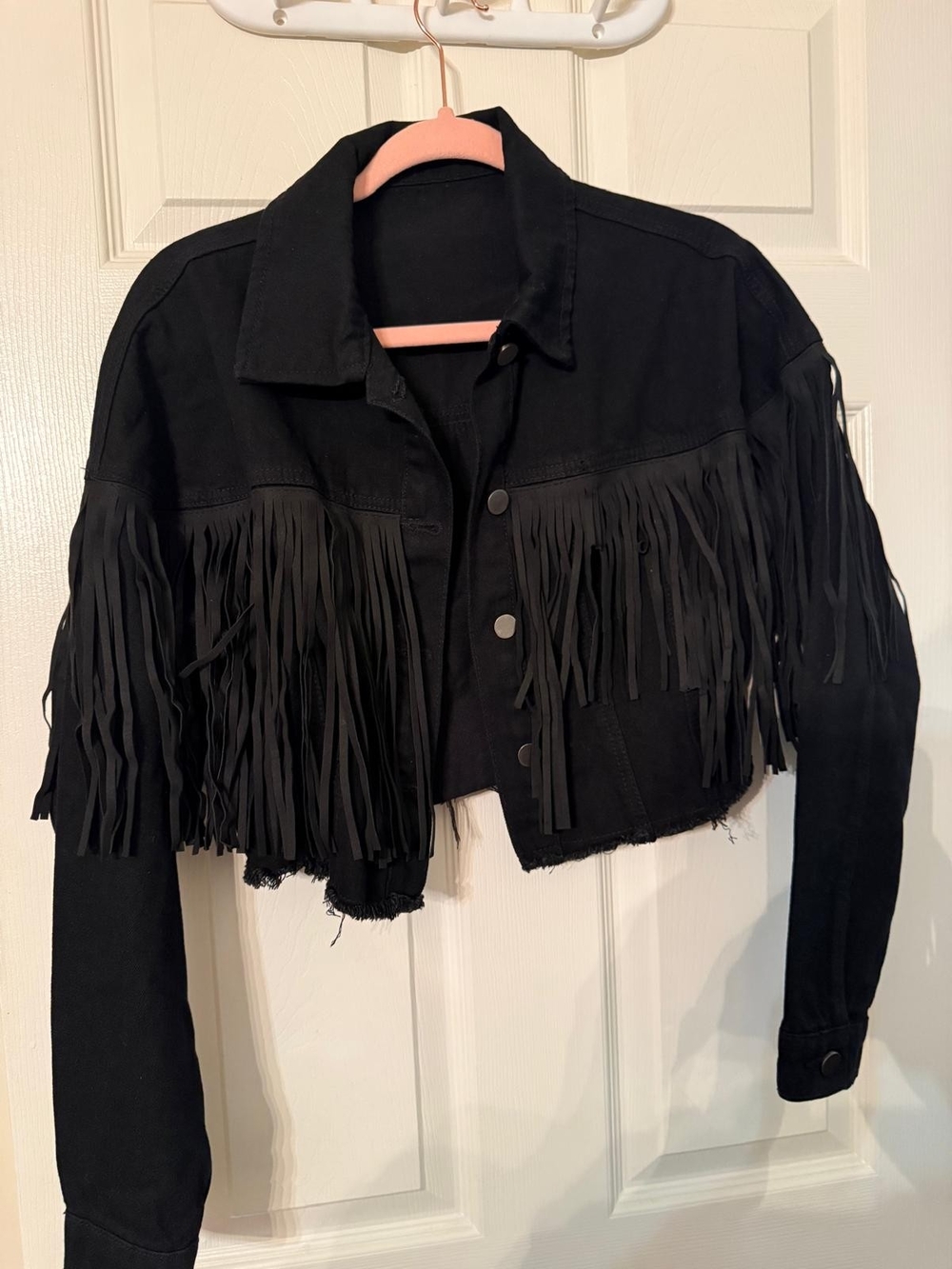 SHEIN Black Cropped Fringe Jean Jacket